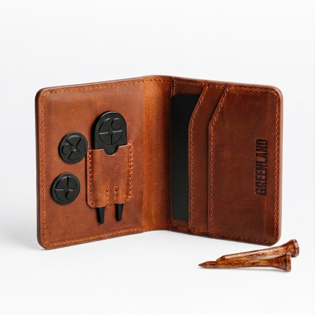 Greenland Fairway Wallet open showing card slots, divot tool, and ball markers.