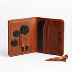 Greenland Fairway Wallet open showing card slots, divot tool, and ball markers.