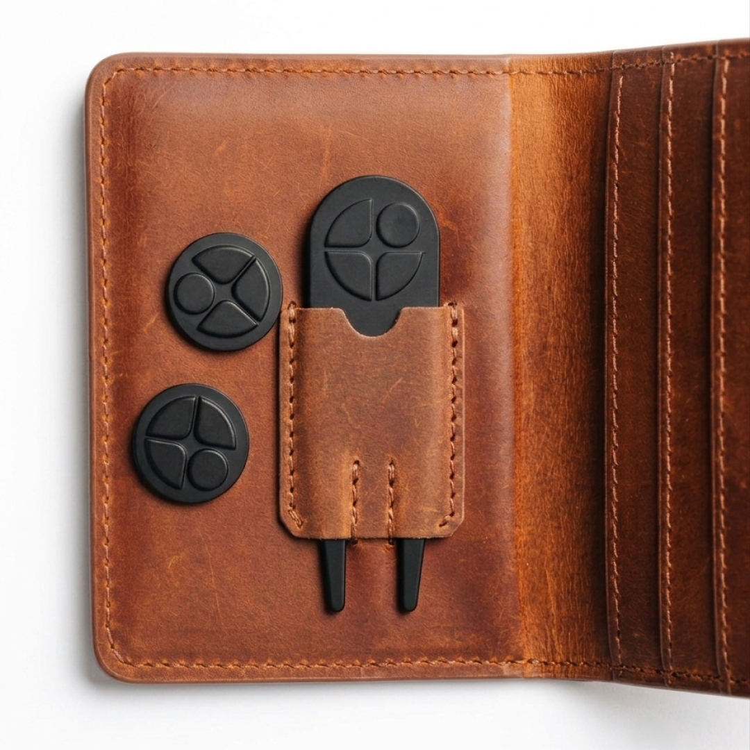 Close-up of Fairway Wallet with included golf accessories -- divot tool and ball markers.