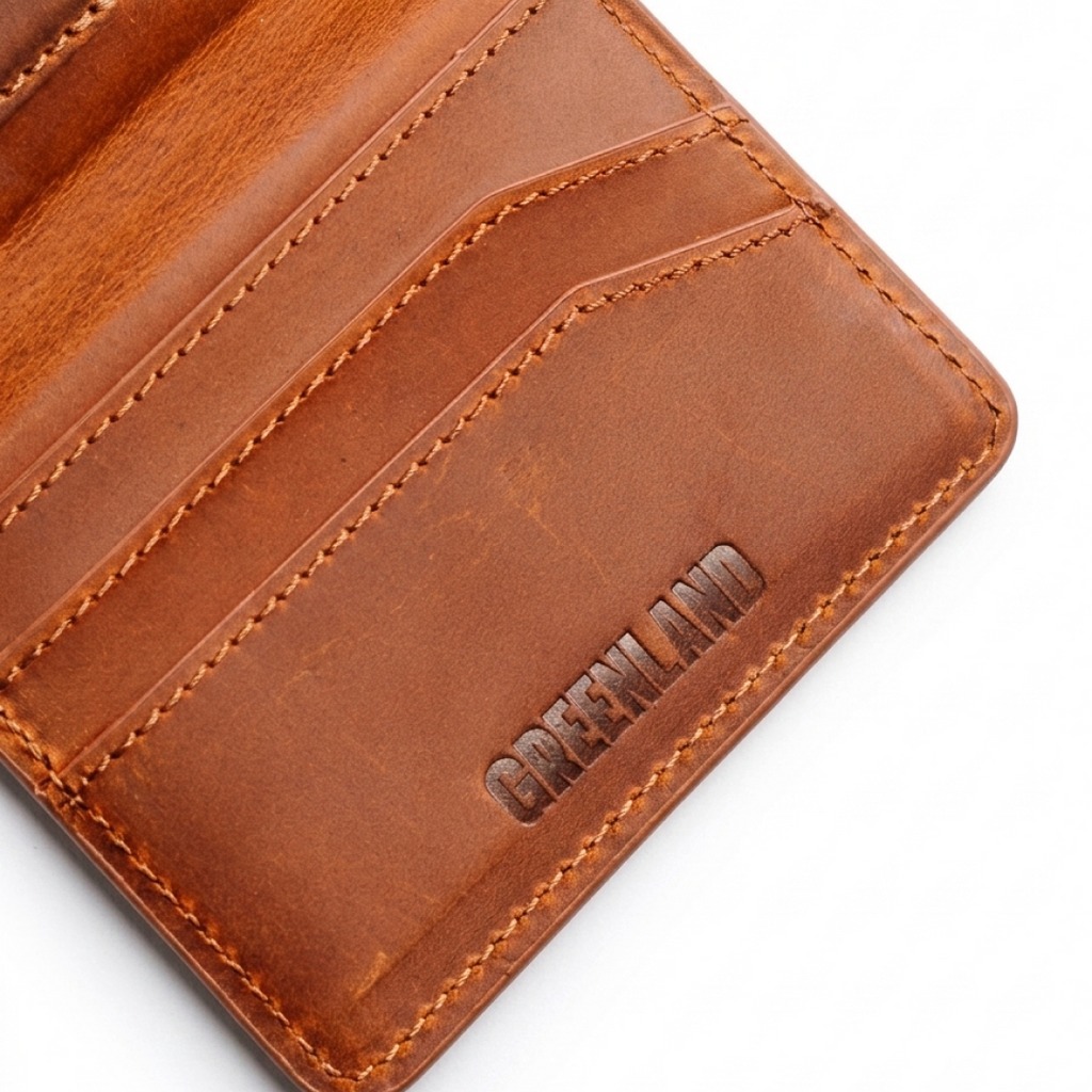 Fairway Wallet close up of Greenland embossed logo and card slots